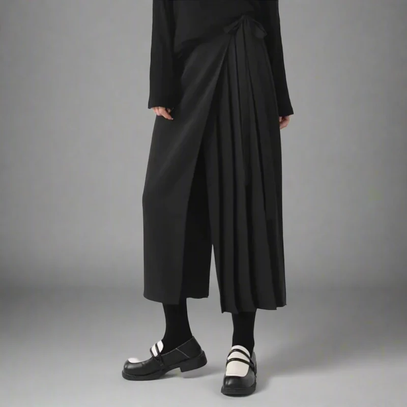 Black Skirt-Pant Hybrid with Pleated Overlay – Edgy and Unique Design for Modern Styles