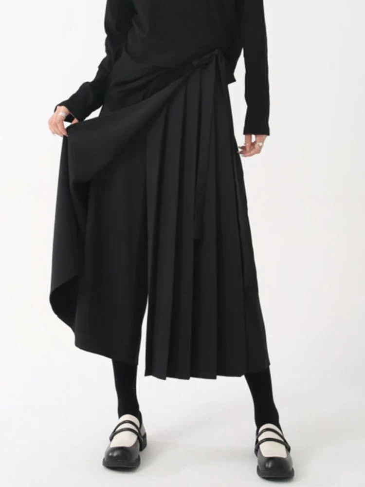Black Skirt-Pant Hybrid with Pleated Overlay – Edgy and Unique Design for Modern Styles