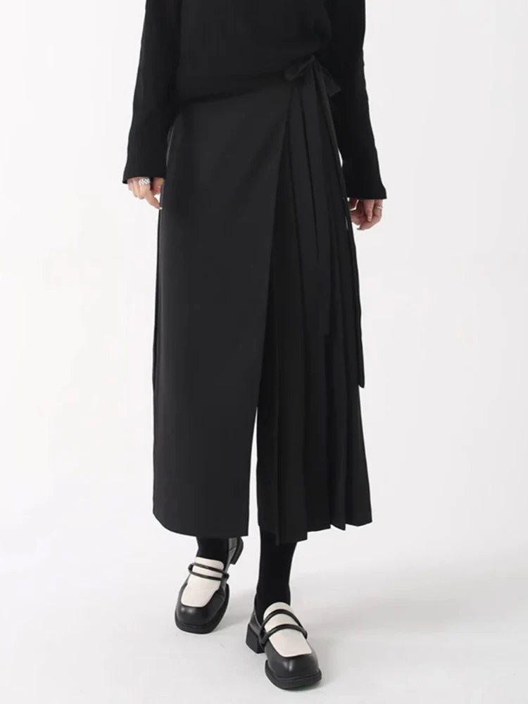 Black Skirt-Pant Hybrid with Pleated Overlay – Edgy and Unique Design for Modern Styles
