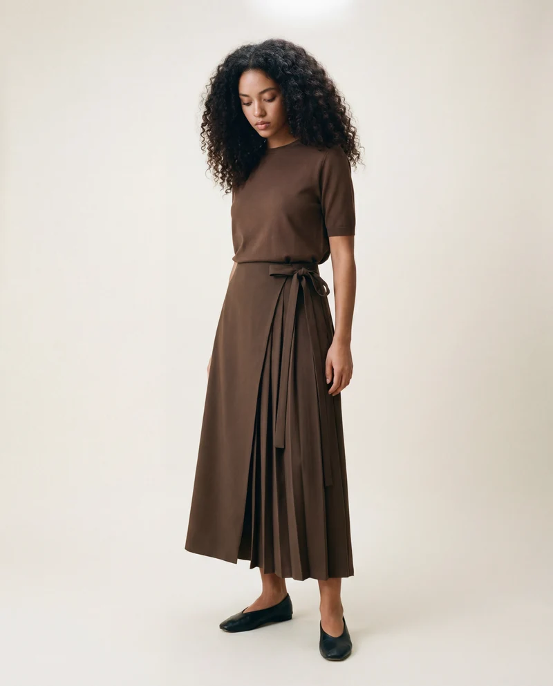 Asymmetrical Skirt-Pant Hybrid with Pleated Overlay - Coffee Brown