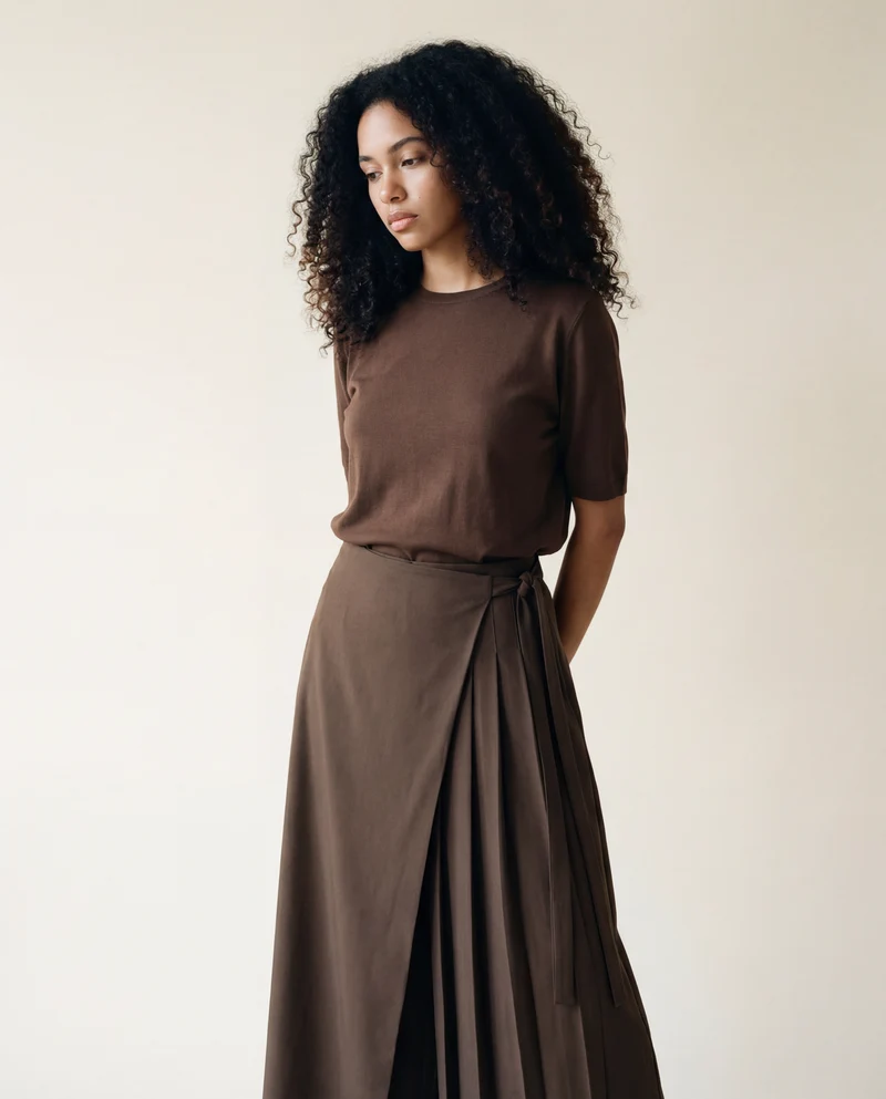 Asymmetrical Skirt-Pant Hybrid with Pleated Overlay - Coffee Brown