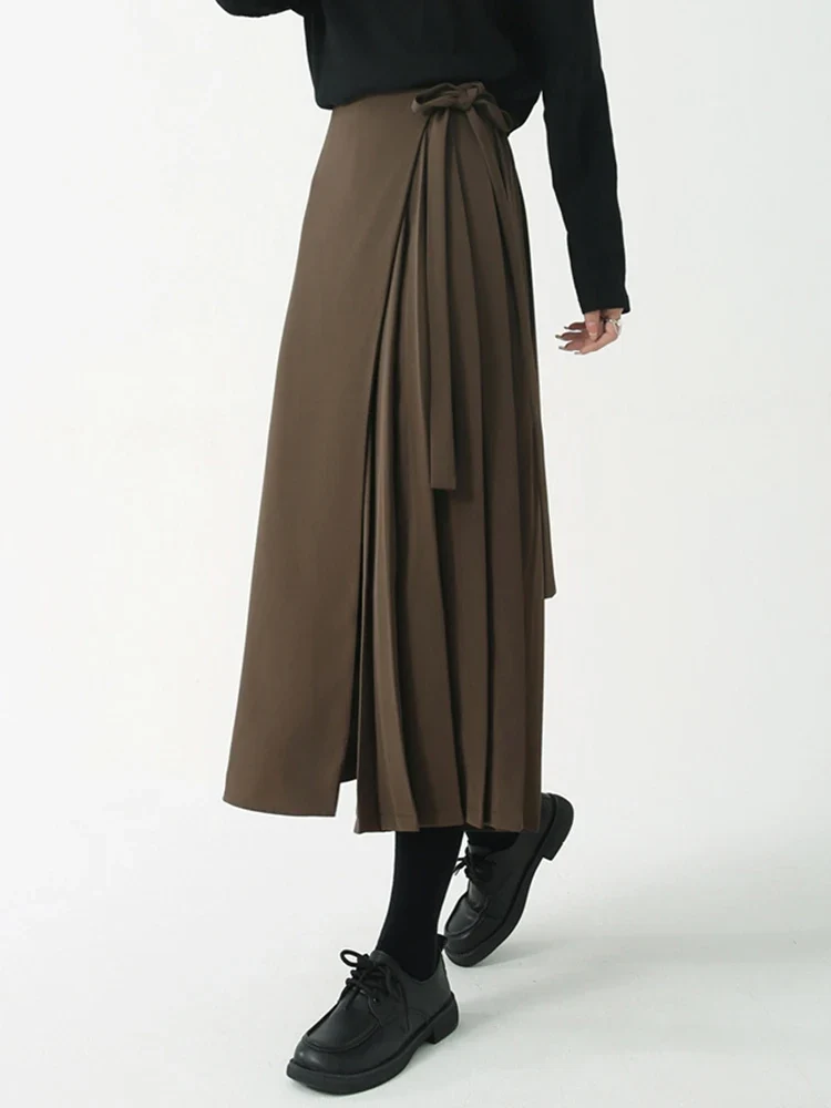 Asymmetrical Skirt-Pant Hybrid with Pleated Overlay - Coffee Brown