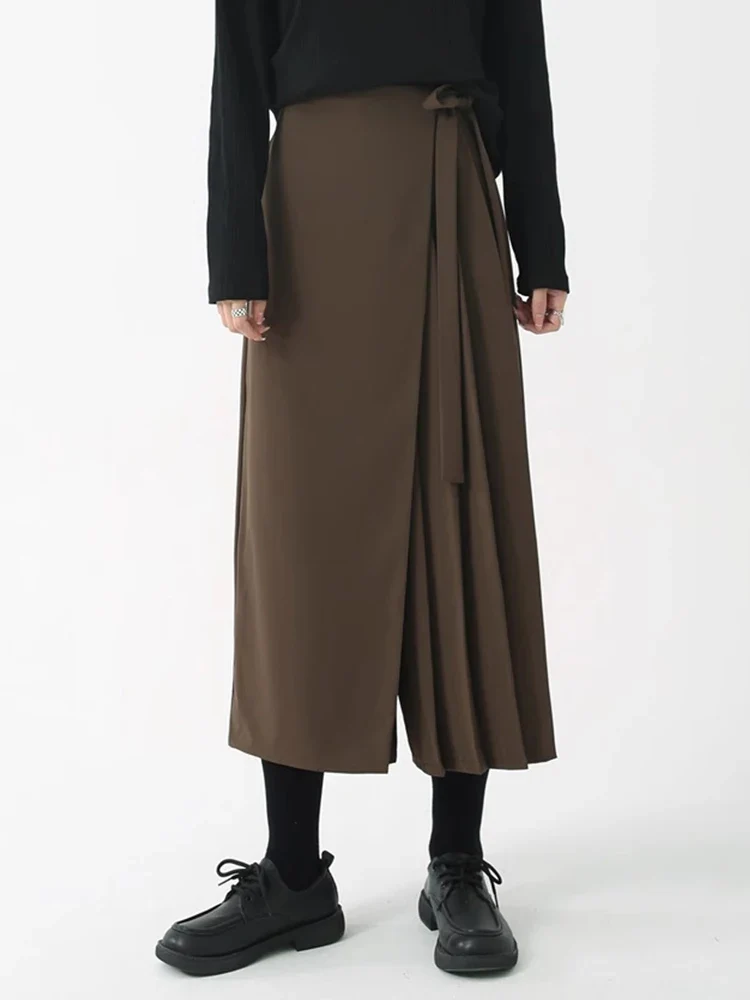 Asymmetrical Skirt-Pant Hybrid with Pleated Overlay - Coffee Brown