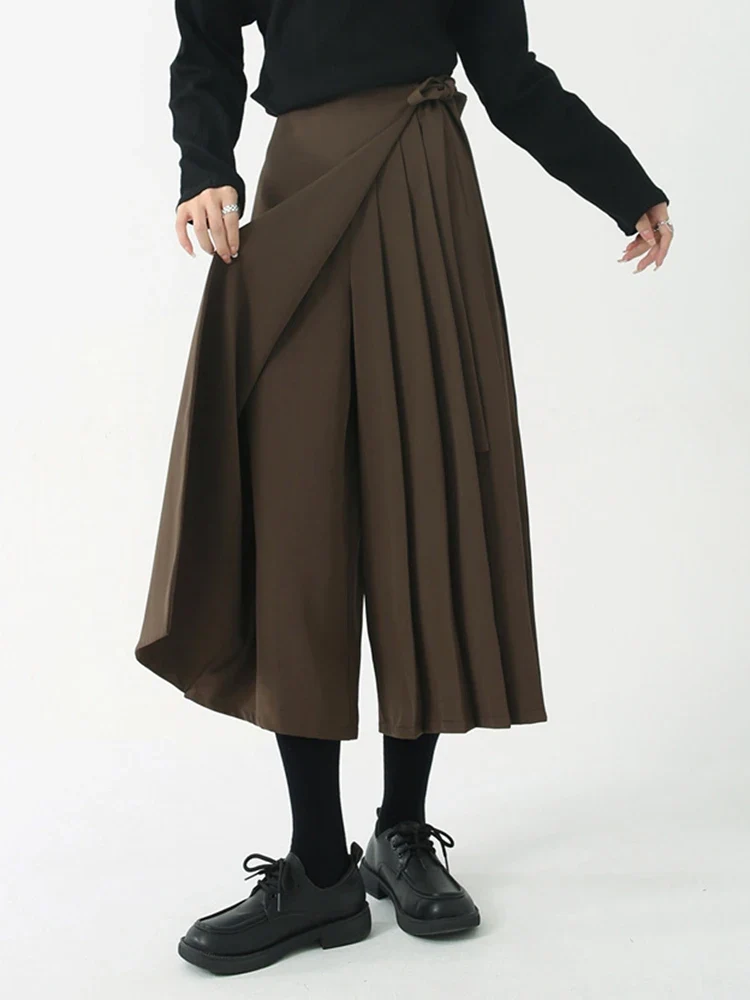 Asymmetrical Skirt-Pant Hybrid with Pleated Overlay - Coffee Brown