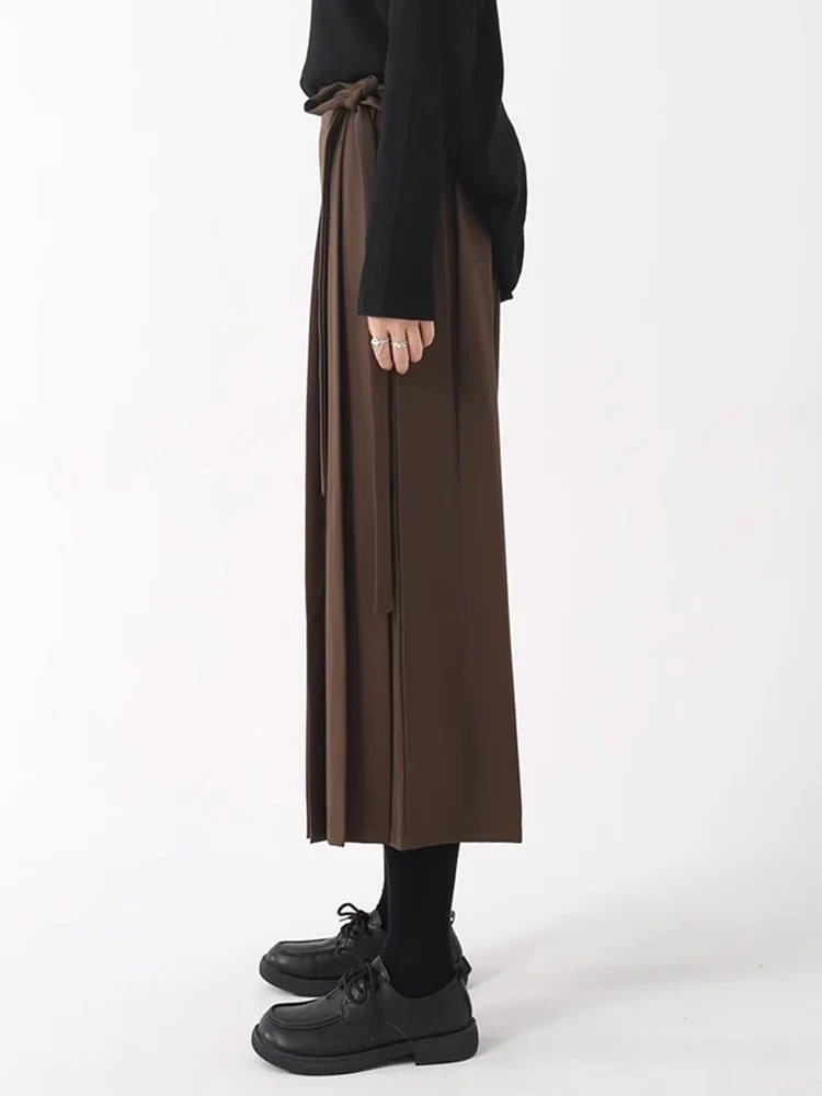 Asymmetrical Skirt-Pant Hybrid with Pleated Overlay - Coffee Brown