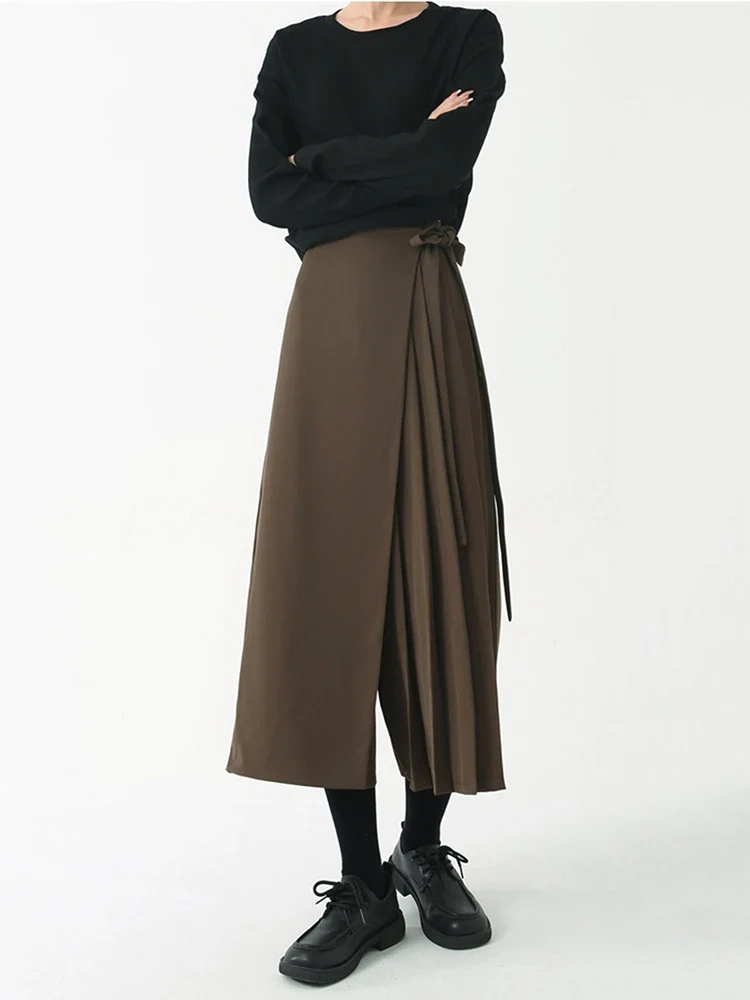 Asymmetrical Skirt-Pant Hybrid with Pleated Overlay - Coffee Brown
