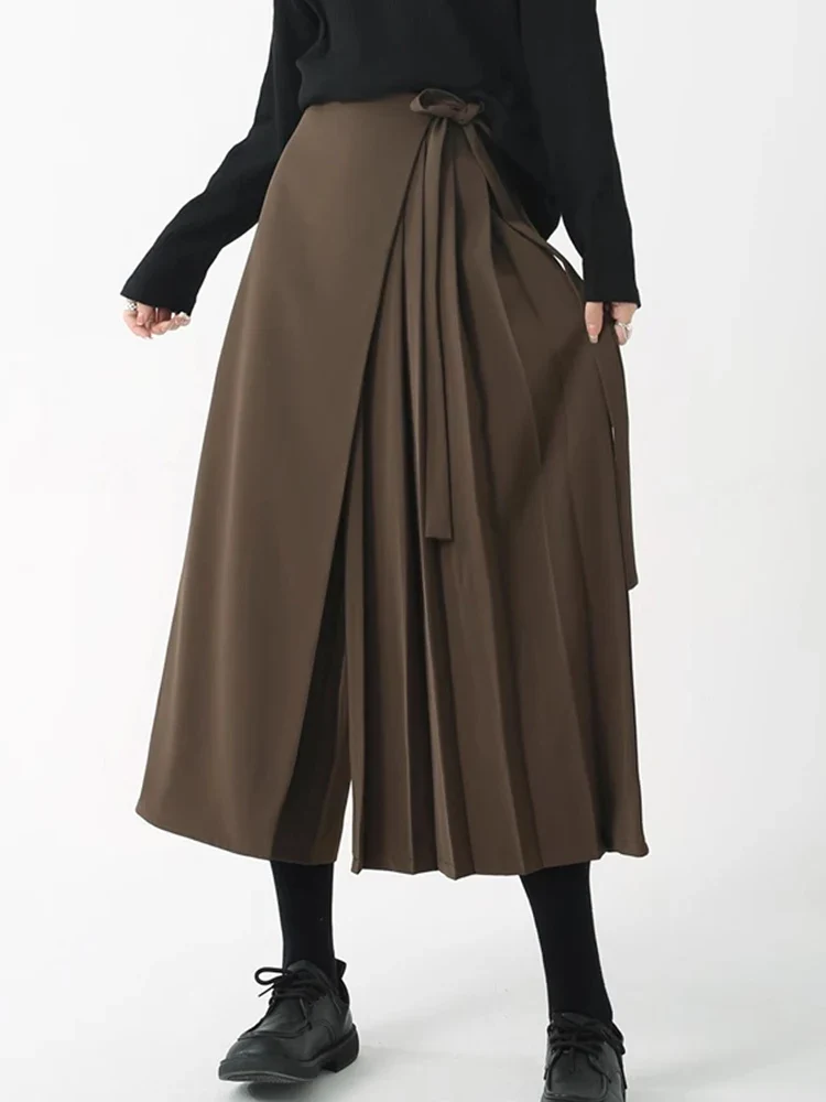 Asymmetrical Skirt-Pant Hybrid with Pleated Overlay - Coffee Brown