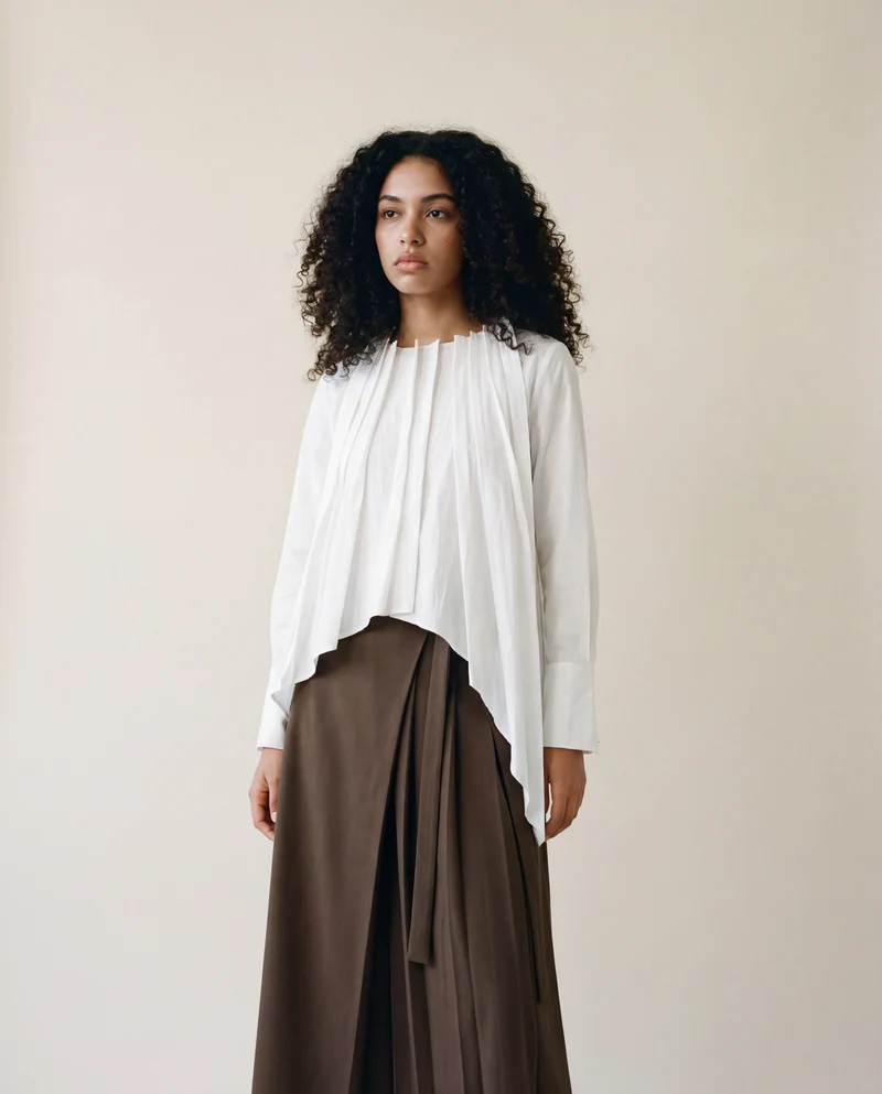 Asymmetrical Skirt-Pant Hybrid with Pleated Overlay - Coffee Brown