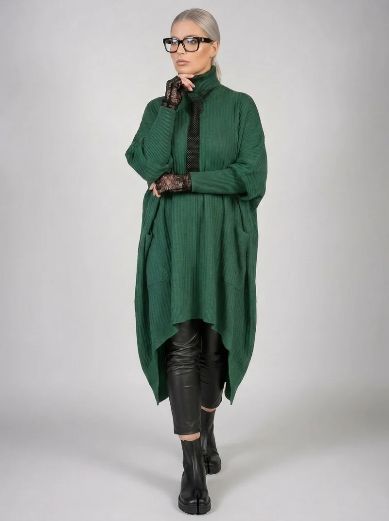 Asymmetrical Knitted Pullover Green Dress with Turtleneck