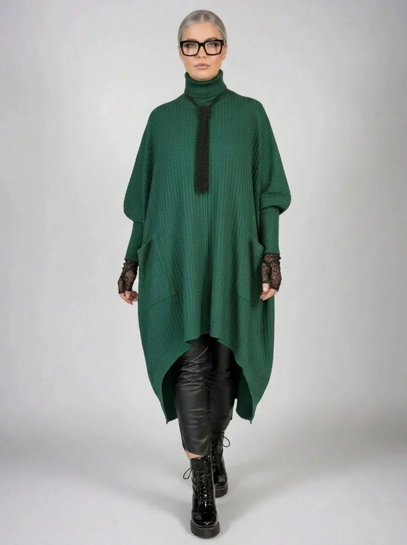 Asymmetrical Knitted Pullover Green Dress with Turtleneck