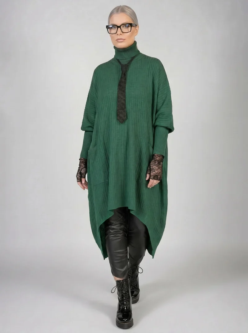Asymmetrical Knitted Pullover Green Dress with Turtleneck