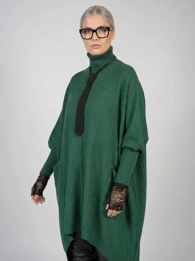 Asymmetrical Knitted Pullover Green Dress with Turtleneck