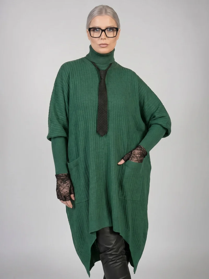 Asymmetrical Knitted Pullover Green Dress with Turtleneck