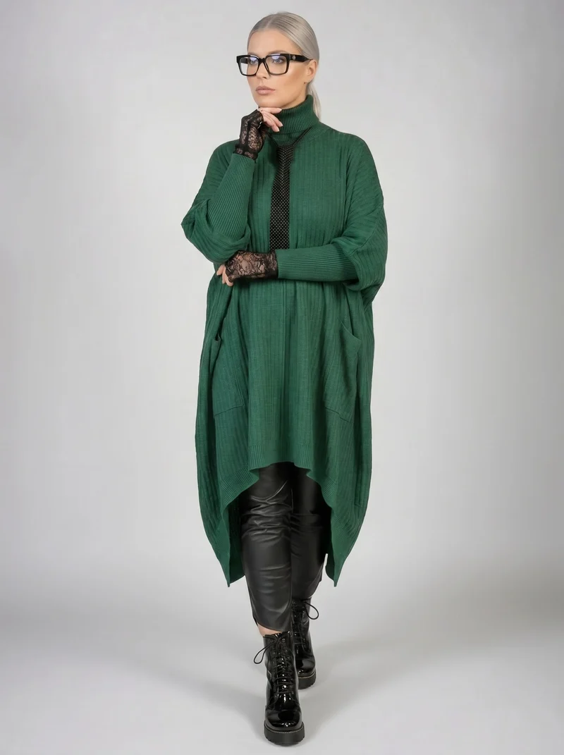 Asymmetrical Knitted Pullover Green Dress with Turtleneck