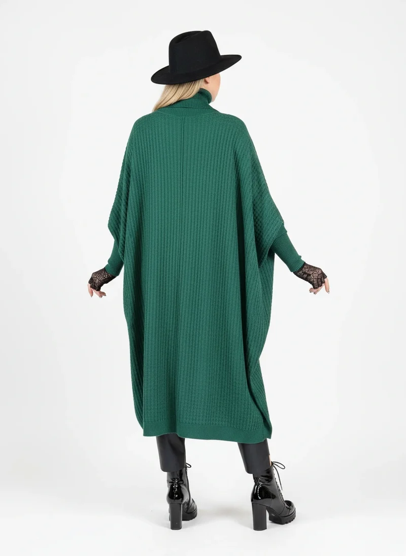 Asymmetrical Knitted Pullover Green Dress with Turtleneck