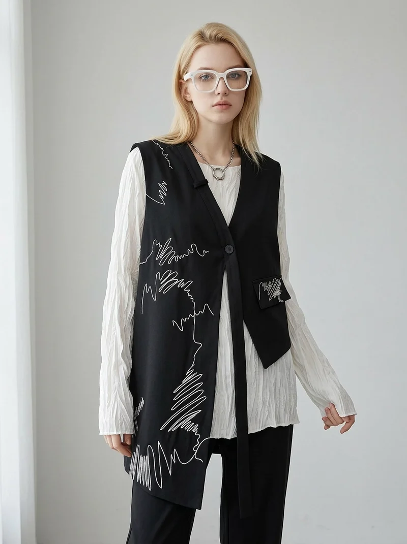 Asymmetrical Scribble Vest – Structured Contrast Layer