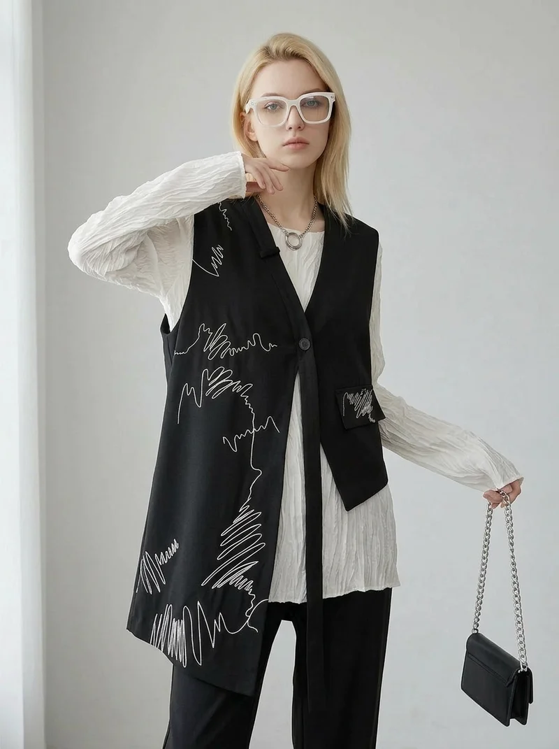 Asymmetrical Scribble Vest – Structured Contrast Layer