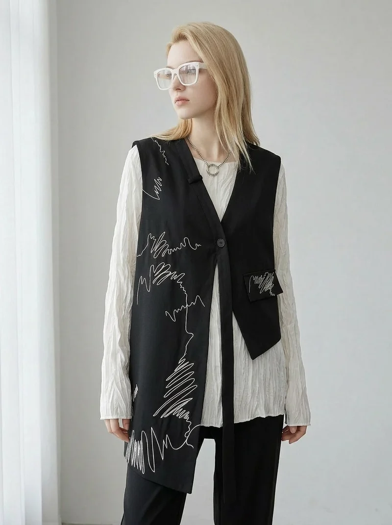 Asymmetrical Scribble Vest – Structured Contrast Layer