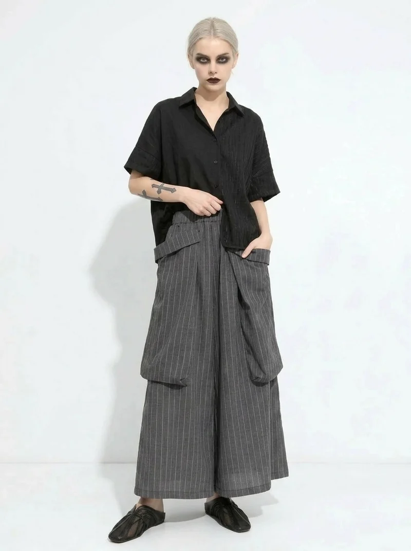 Pinstripe Volume Trousers – Casual Minimal Goth