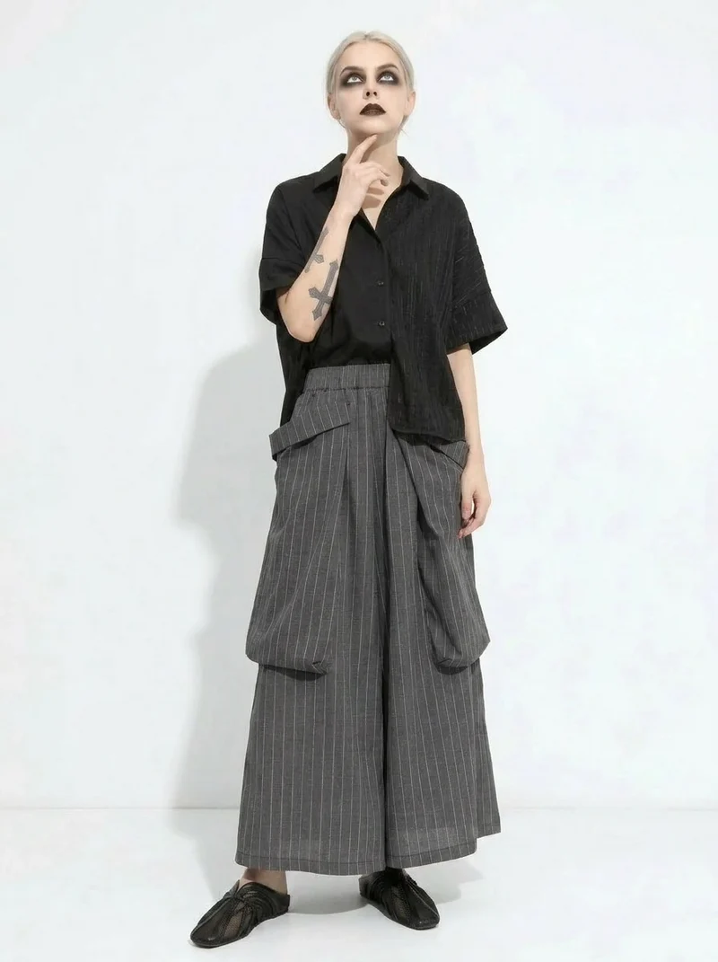 Pinstripe Volume Trousers – Casual Minimal Goth