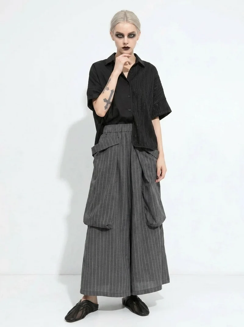 Pinstripe Volume Trousers – Casual Minimal Goth