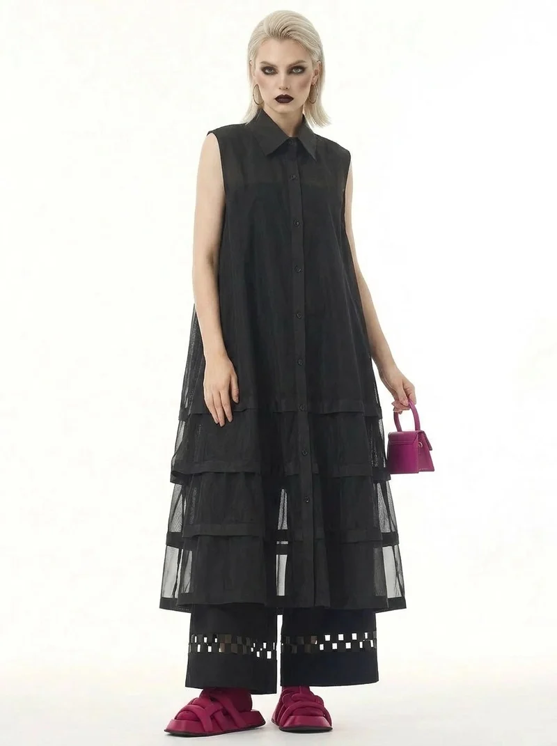Layered Mesh Sleeveless Shirt-Dress – Available in White, Mint Green, and Black