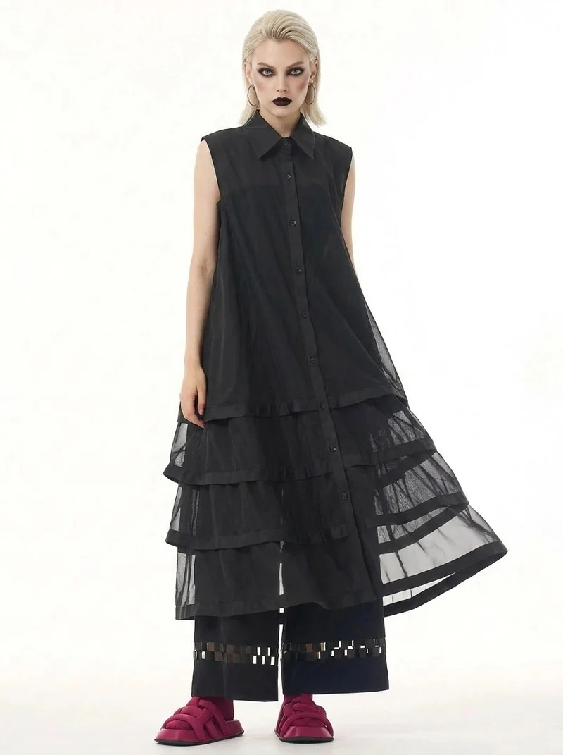 Layered Mesh Sleeveless Shirt-Dress – Available in White, Mint Green, and Black