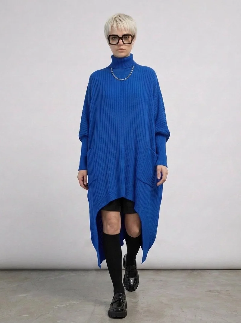 Cobalt Blue Oversized Knit Pullover Dress with Turtleneck & Asymmetrical Hem