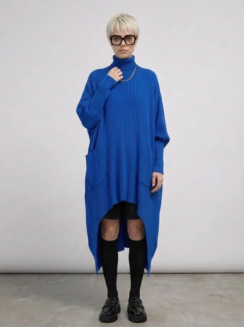Cobalt Blue Oversized Knit Pullover Dress with Turtleneck & Asymmetrical Hem