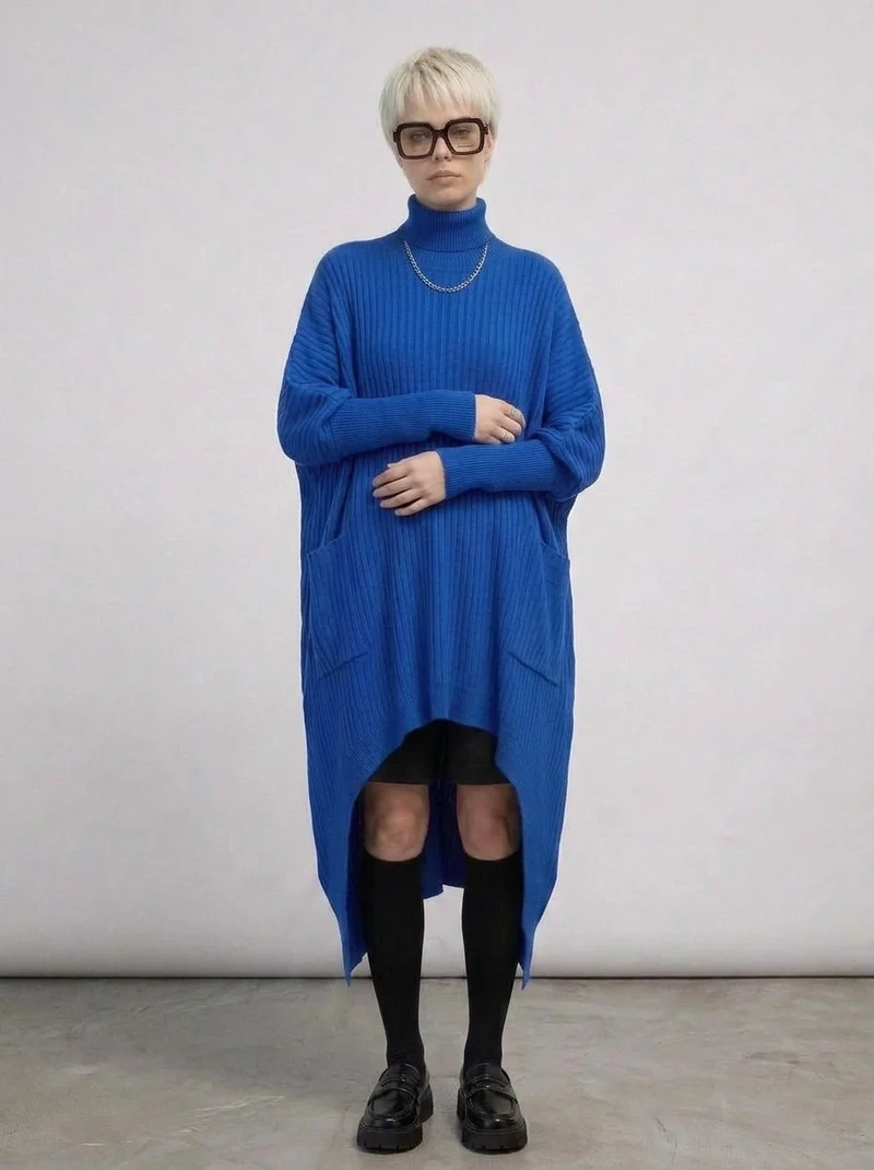 Cobalt Blue Oversized Knit Pullover Dress with Turtleneck & Asymmetrical Hem