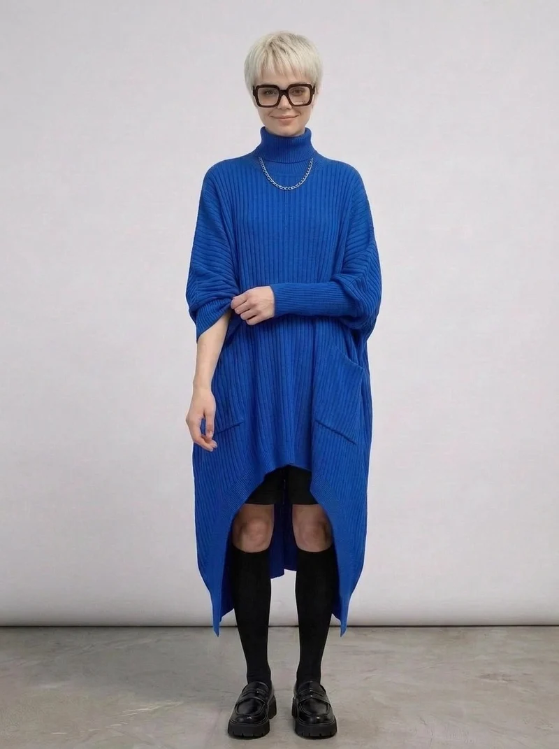 Cobalt Blue Oversized Knit Pullover Dress with Turtleneck & Asymmetrical Hem