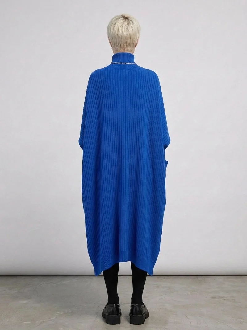 Cobalt Blue Oversized Knit Pullover Dress with Turtleneck & Asymmetrical Hem