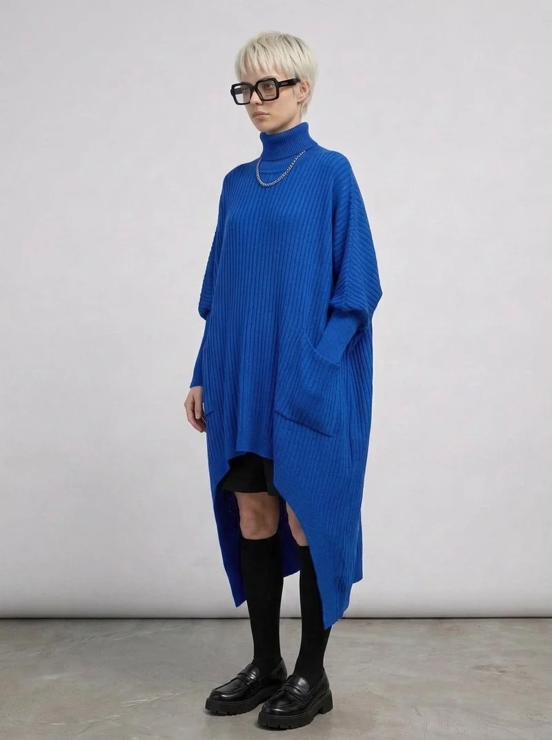 Cobalt Blue Oversized Knit Pullover Dress with Turtleneck & Asymmetrical Hem