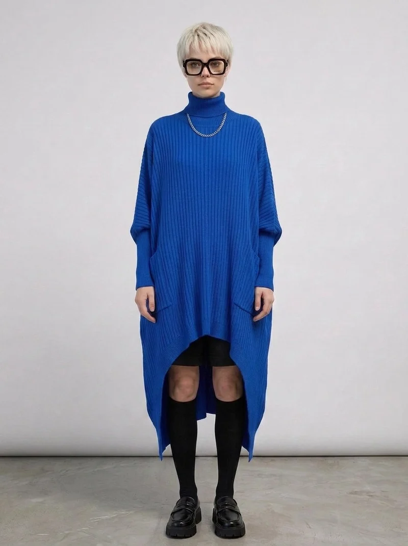 Cobalt Blue Oversized Knit Pullover Dress with Turtleneck & Asymmetrical Hem