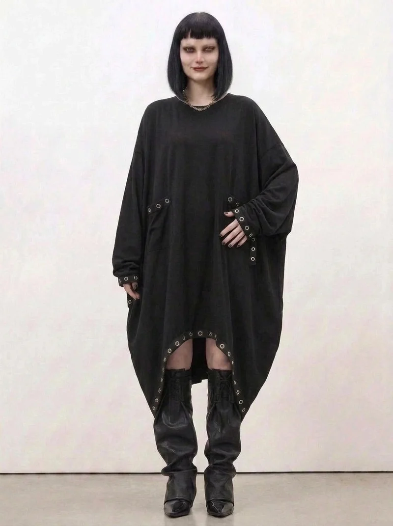 Oversized Rivet-Trim Pullover Dress – Punk-Inspired Cocoon Fit