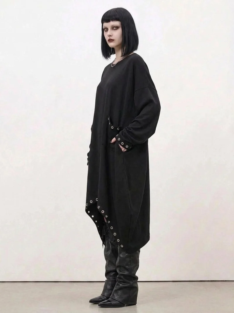 Oversized Rivet-Trim Pullover Dress – Punk-Inspired Cocoon Fit