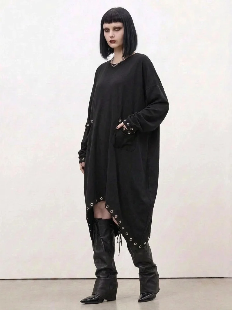 Oversized Rivet-Trim Pullover Dress – Punk-Inspired Cocoon Fit