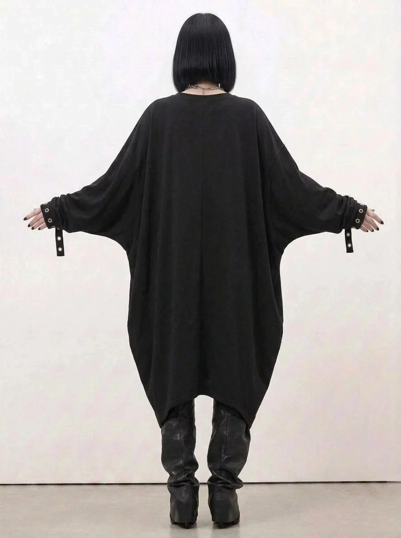 Oversized Rivet-Trim Pullover Dress – Punk-Inspired Cocoon Fit