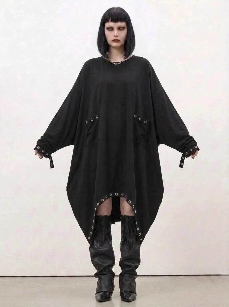 Oversized Rivet-Trim Pullover Dress – Punk-Inspired Cocoon Fit