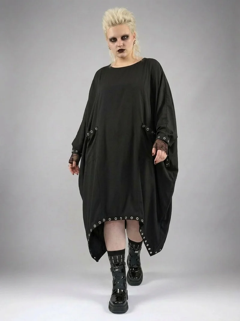 Oversized Rivet-Trim Pullover Dress – Punk-Inspired Cocoon Fit