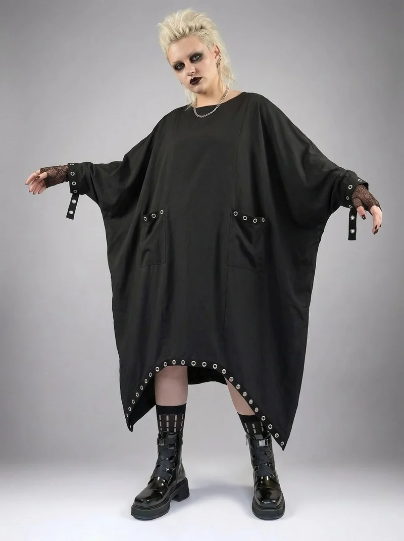 Oversized Rivet-Trim Pullover Dress – Punk-Inspired Cocoon Fit