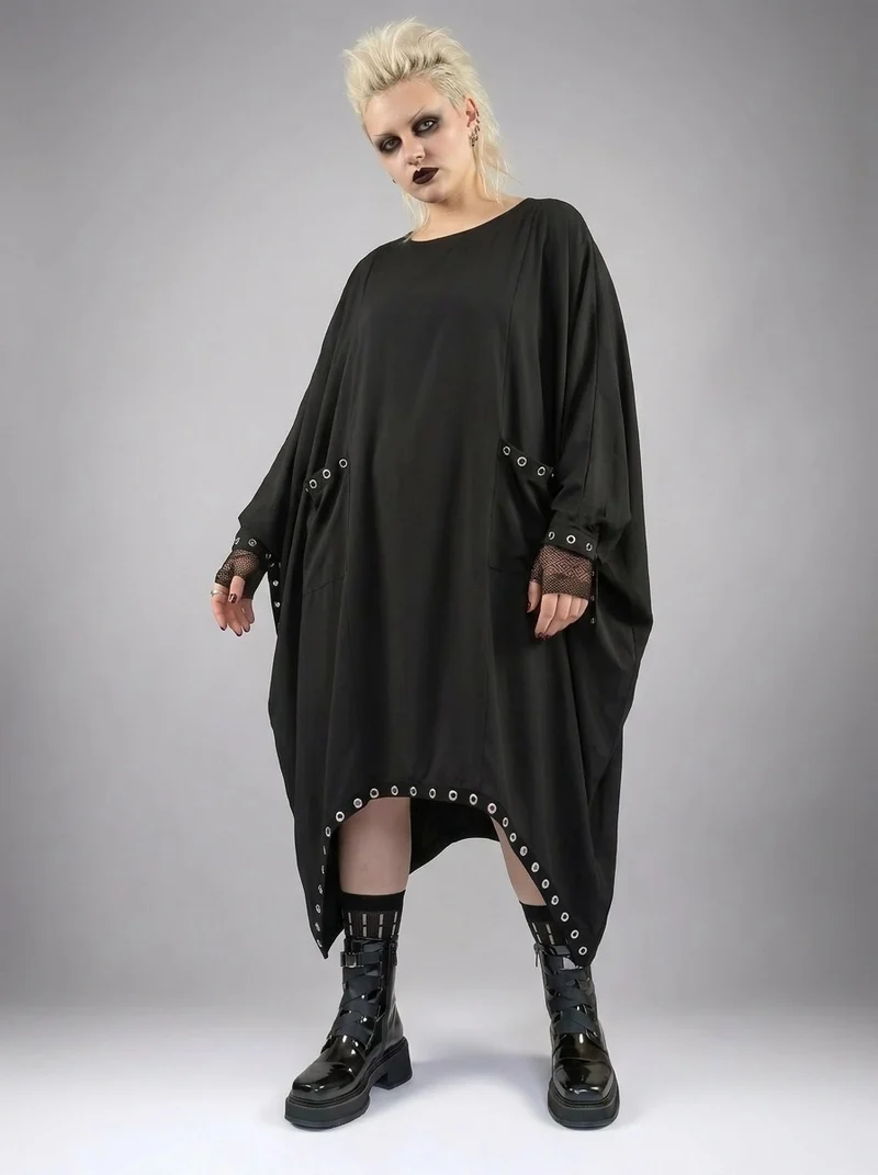 Oversized Rivet-Trim Pullover Dress – Punk-Inspired Cocoon Fit