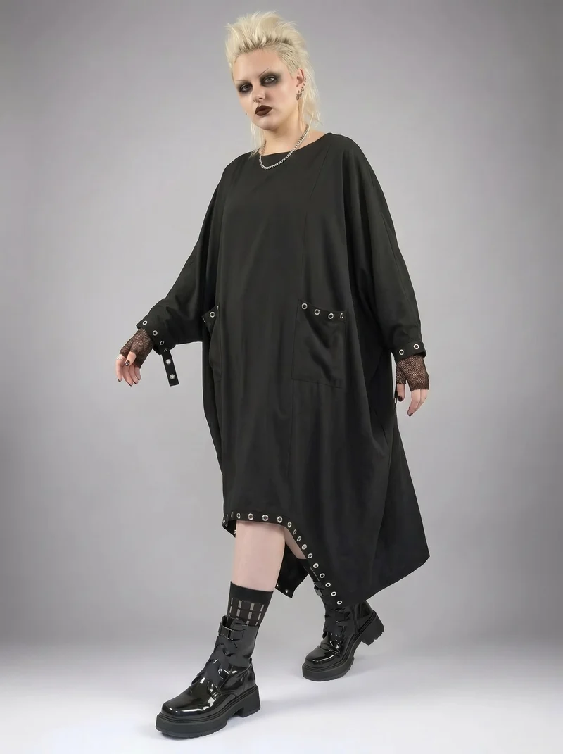 Oversized Rivet-Trim Pullover Dress – Punk-Inspired Cocoon Fit