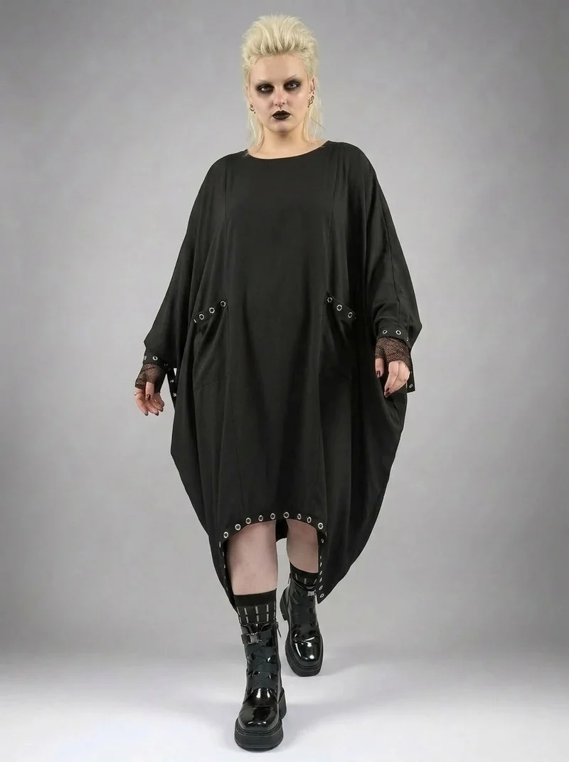Oversized Rivet-Trim Pullover Dress – Punk-Inspired Cocoon Fit