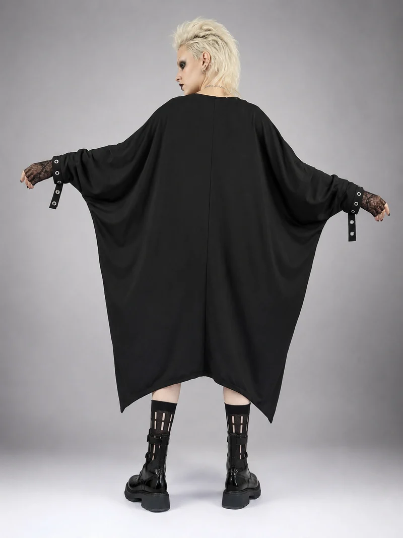 Oversized Rivet-Trim Pullover Dress – Punk-Inspired Cocoon Fit