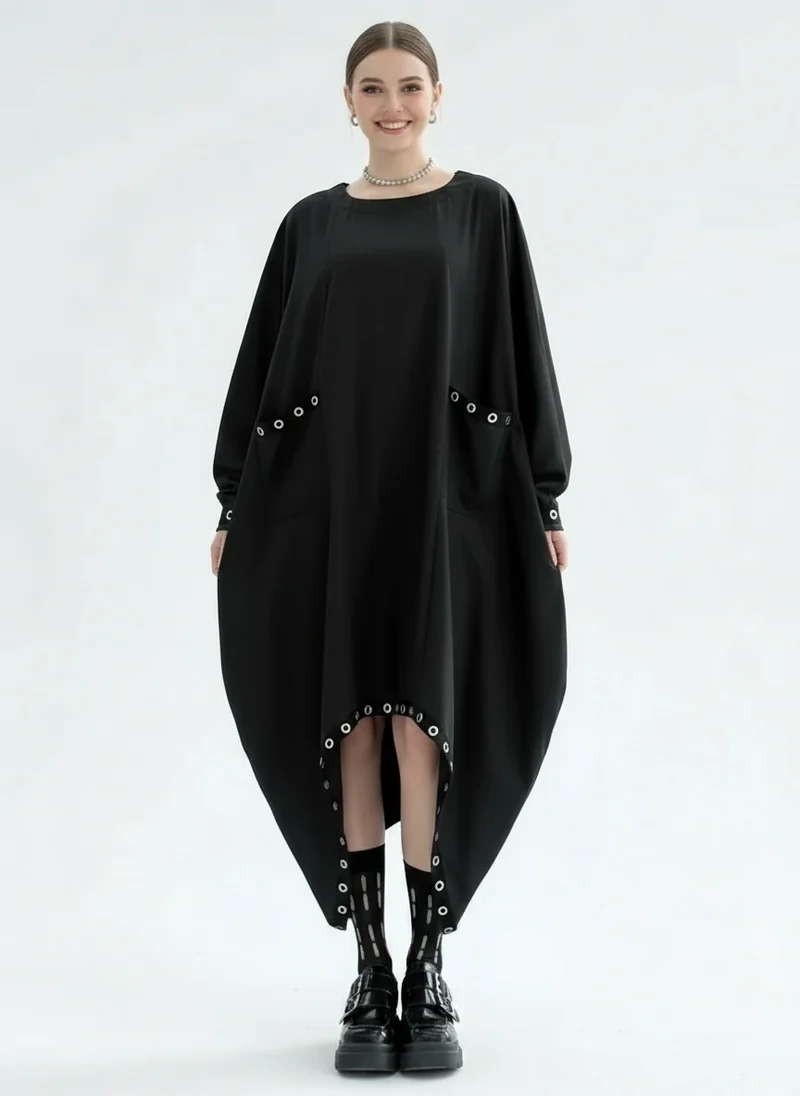 Oversized Rivet-Trim Pullover Dress – Punk-Inspired Cocoon Fit