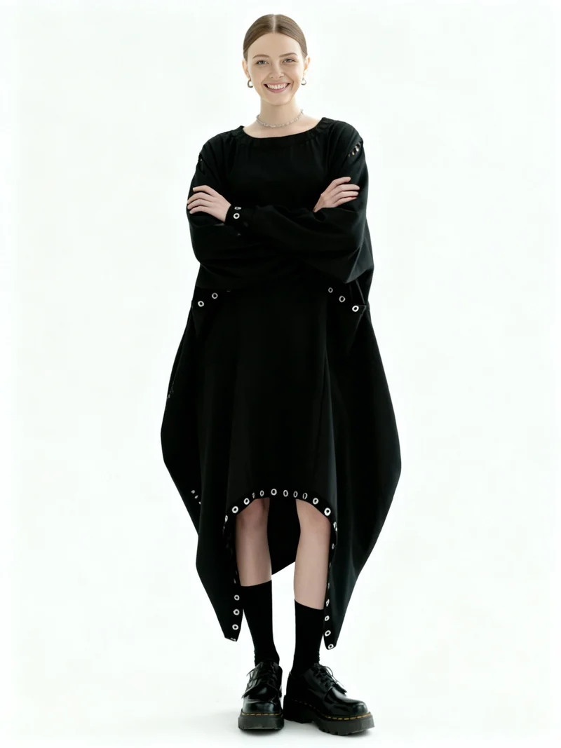 Oversized Rivet-Trim Pullover Dress – Punk-Inspired Cocoon Fit