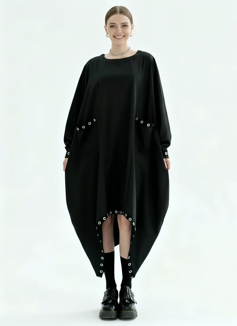 Oversized Rivet-Trim Pullover Dress – Punk-Inspired Cocoon Fit