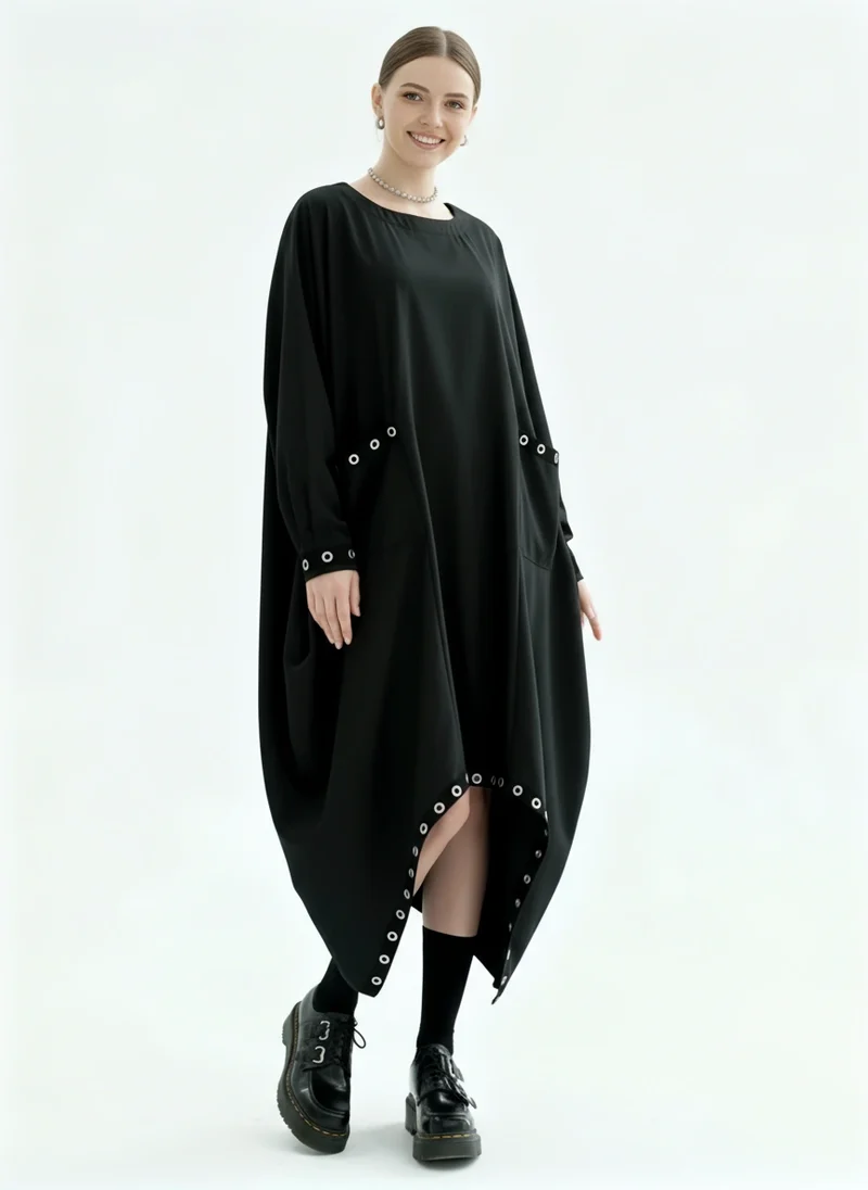 Oversized Rivet-Trim Pullover Dress – Punk-Inspired Cocoon Fit