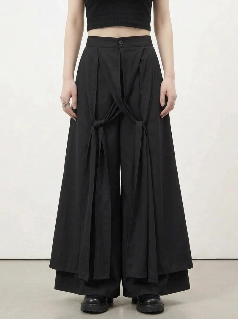 Simple Moderne Black Layered Wide-Leg Trousers – Structured Asymmetrical Panels